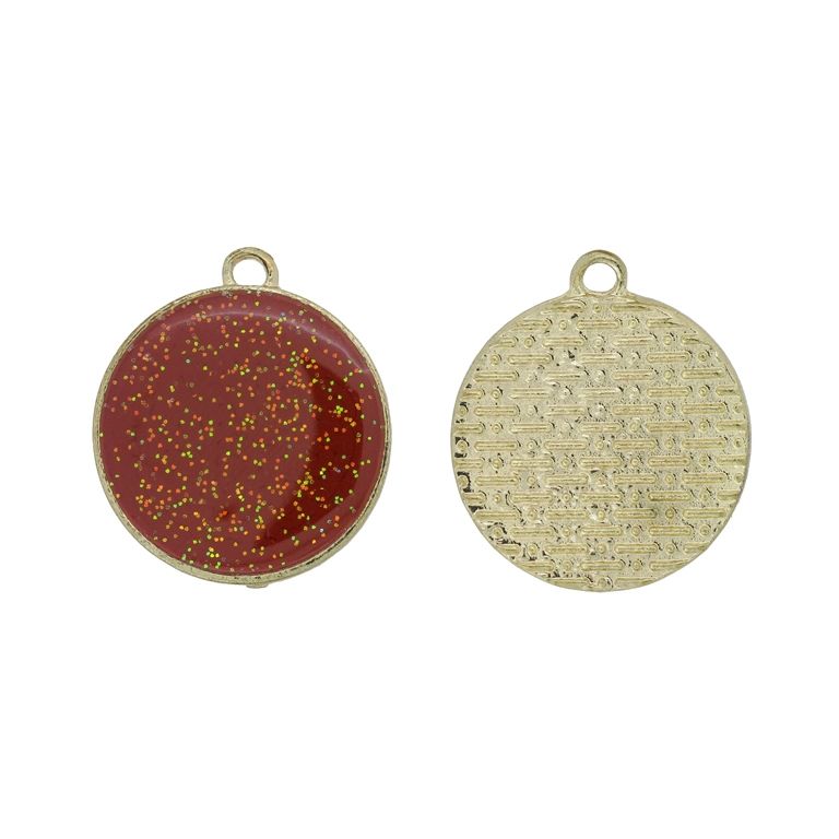METAL BEADS WITH ENAMEL - PENDANT - CIRCLE 02 GLITTER - 22x25x3mm GOLD-RED (DARK) - PACKAGE 20pcs. Hole-2.0mm
