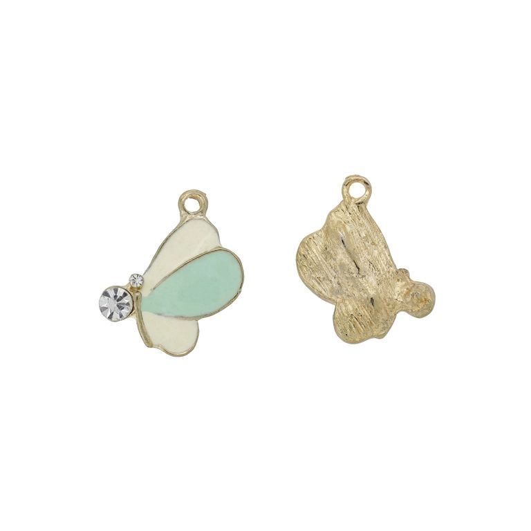 METAL BEADS WITH ENAMEL - PENDANT - BUTTERFLY 09 - 12x20x4mm GOLD-ECRU-TURQUOISE (LIGHT) - 3pcs. Hole-1.8mm
