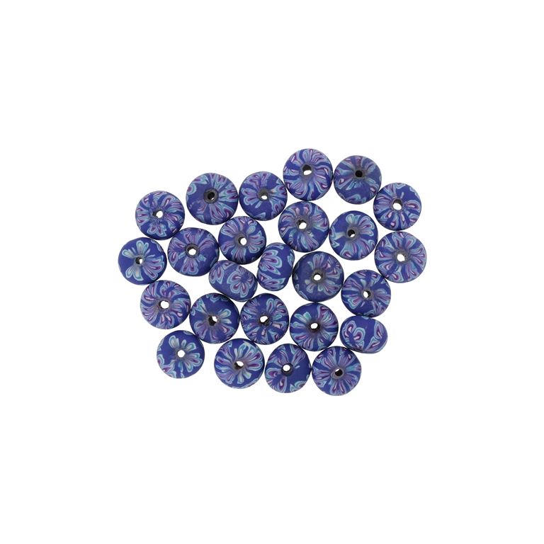 POLYMER CLAY FIMO BEADS - BALL FLAT - FLOWER 05 - 6x10mm BLUE (DARK)-BLUE-CYCLAMEN (DARK) - 50pcs. Hole-1.8mm