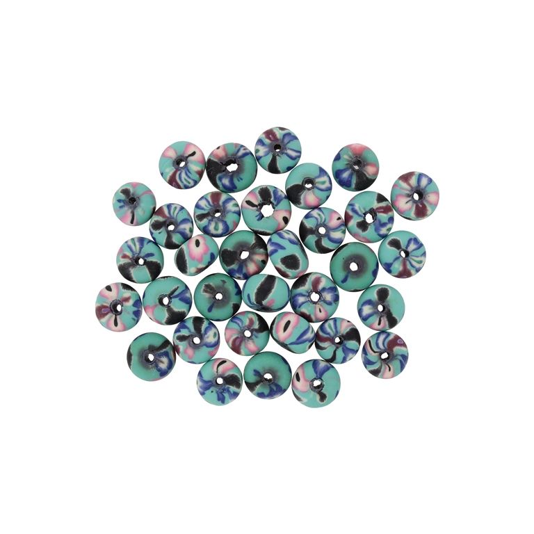 POLYMER CLAY FIMO BEADS - BALL FLAT - FLOWERS 02 - 6x10mm TURQUOISE-PINK (LIGHT)-BLUE (DARK) - 50pcs. Hole-1.8mm