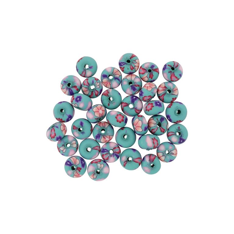 POLYMER CLAY FIMO BEADS - BALL FLAT - FLOWERS 03 - 6x10mm TURQUOISE-PURPLE-RED (LIGHT) - 50pcs. Hole-1.8mm
