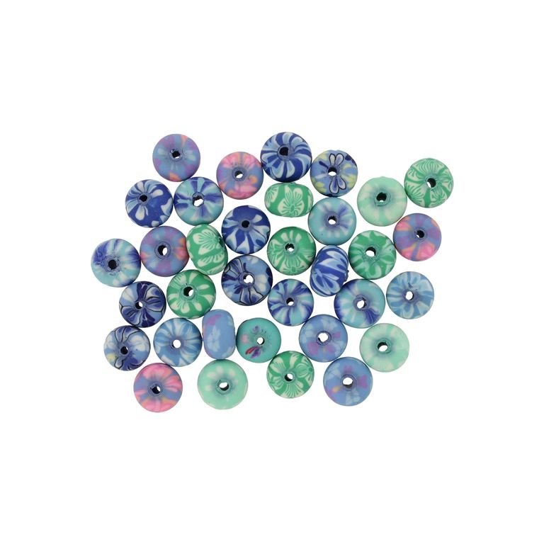 POLYMER CLAY FIMO BEADS - BALL FLAT - FLOWERS MIX 05 - 6x10mm MIX BLUE - 50pcs. Hole-1.8mm
