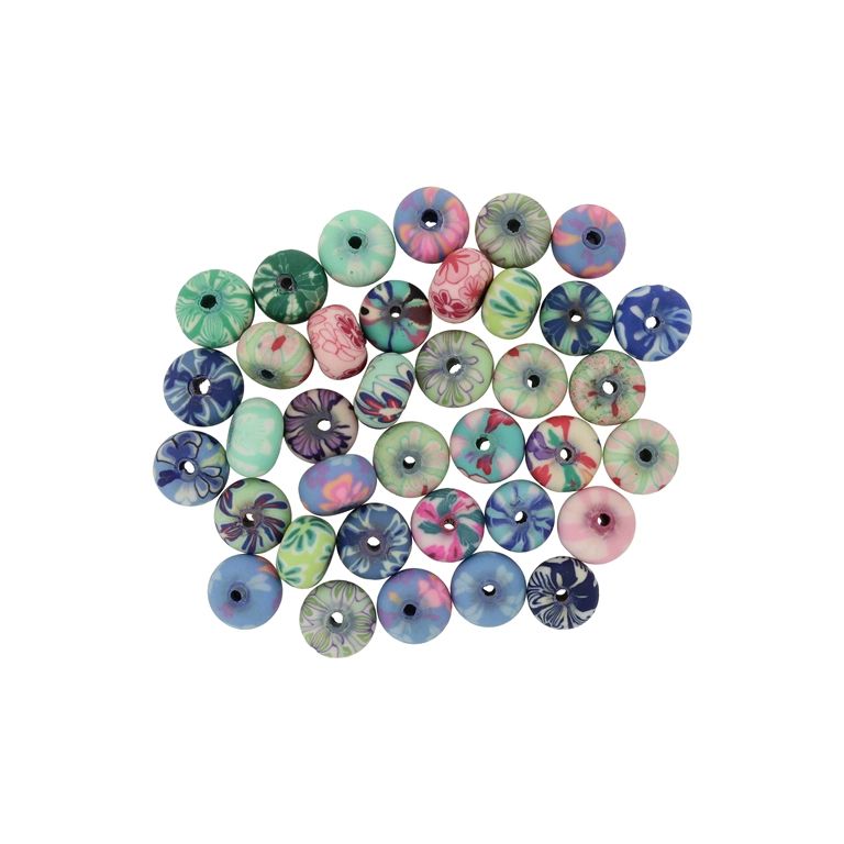 POLYMER CLAY FIMO BEADS - BALL FLAT - FLOWERS MIX 06 - 6x10mm MIX - 50pcs. Hole-1.8mm