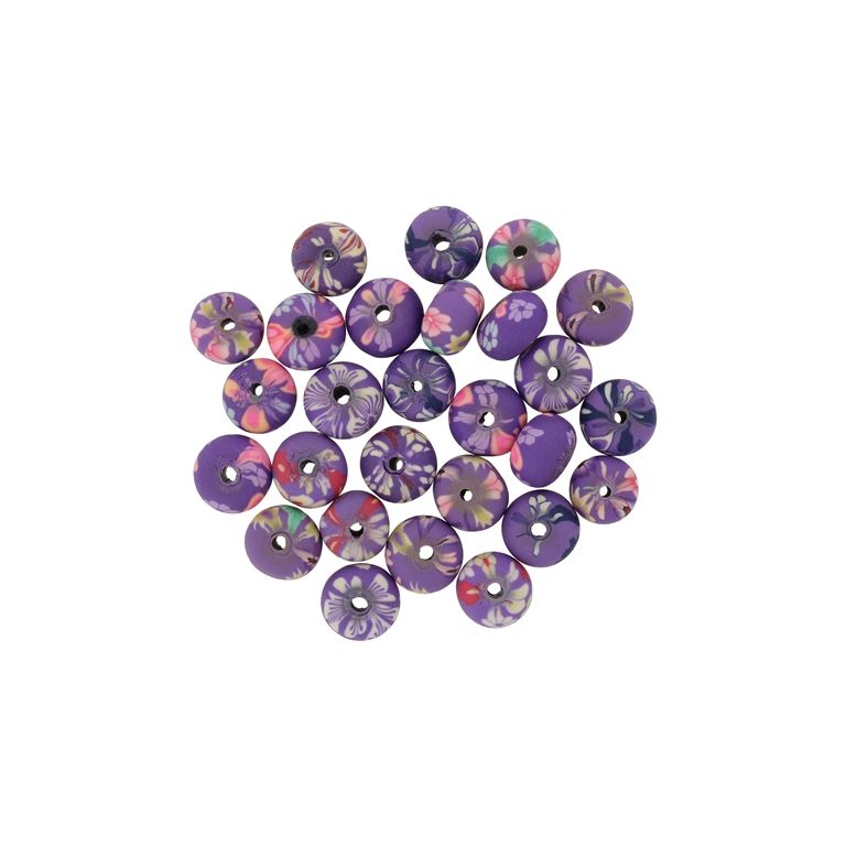 POLYMER CLAY FIMO BEADS - BALL FLAT - FLOWERS MIX 10 - 6x10mm PURPLE-MIX - 50pcs. Hole-1.8mm