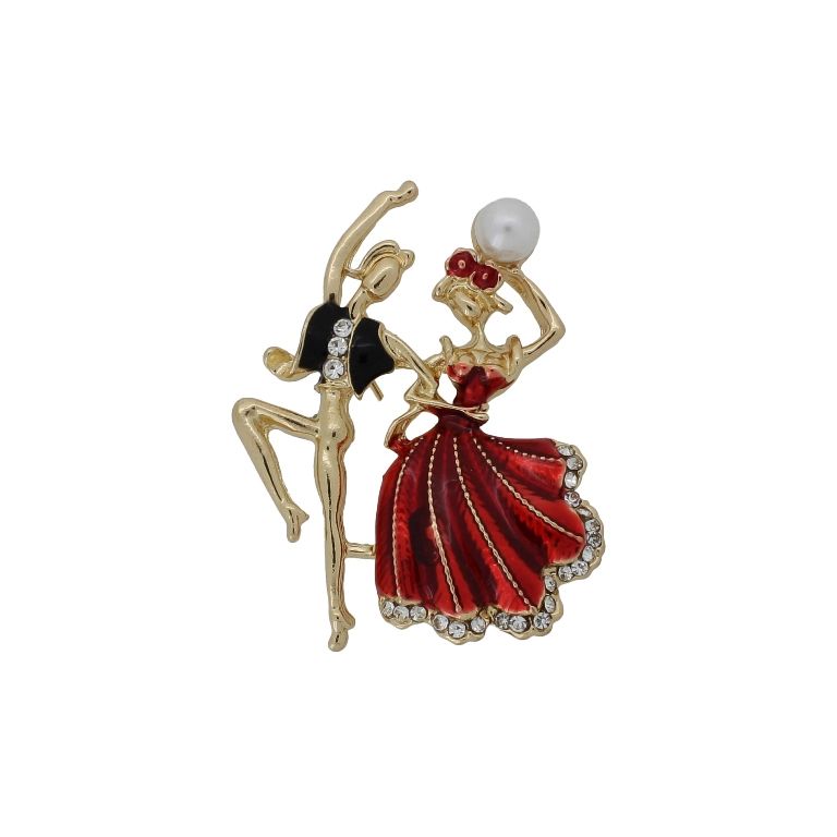 JEWELRY - BROOCH - METAL AND CRYSTALS - DANCING COUPLE В236 - 4.0x5.0cm GOLD-RED-BLACK - PACKAGE 6pcs.