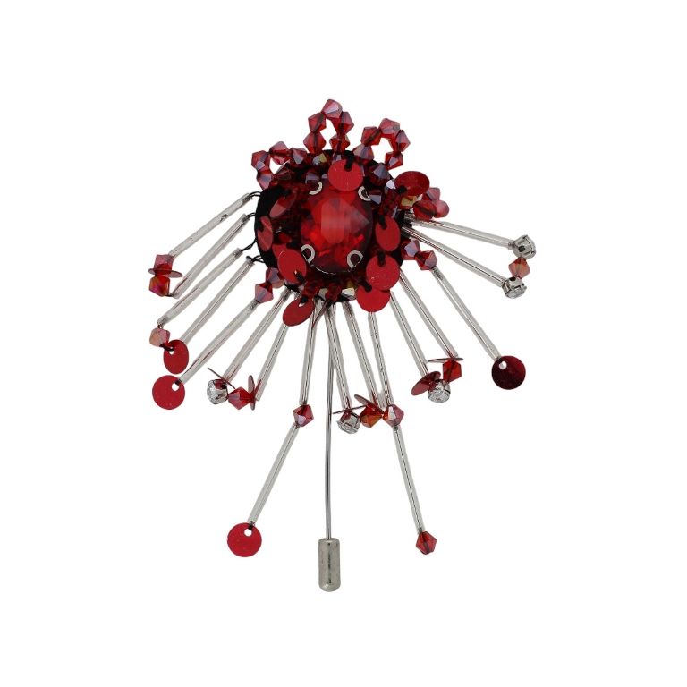 БИЖУТЕРИЯ - БРОШКА HANDMADE - МЕТАЛ И КРИСТАЛИ - АСИМЕТРИЯ В248 - 6.5х8.2см НИКЕЛ-ЧЕРВЕНО-ЧЕРНО - 1 бр.