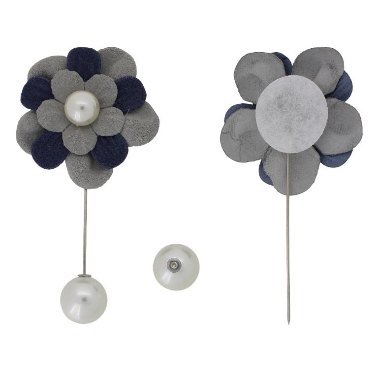 БИЖУТЕРИЯ - БРОШКА HANDMADE - МЕТАЛ И ПЕРЛИ - ИГЛА ЦВЕТЕ В268 - 4.7х9.4см НИКЕЛ-СИНЬО Т.-СИВО - 1 бр.