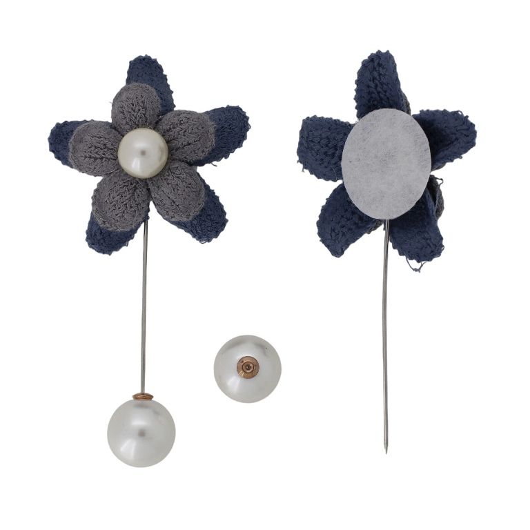 JEWELRY - BROOCH HANDMADE - METAL AND PEARLS - NEEDLE FLOWER В269 - 4.7x9.7cm NICKEL-BLUE (DARK)-GRAY - PACKAGE 6pcs.