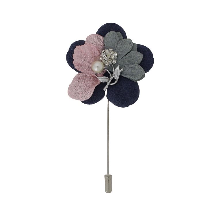 JEWELRY - BROOCH HANDMADE - METAL AND PEARLS - NEEDLE FLOWER В275 - 5.0x9.7cm NICKEL-BLUE (DARK)-PINK (LIGHT) - PACKAGE 6pcs.