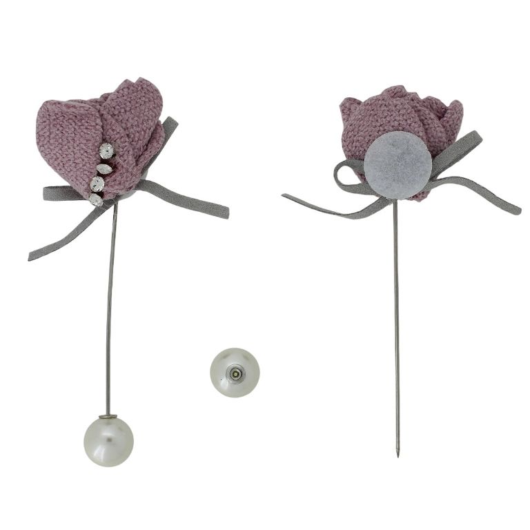 JEWELRY - BROOCH HANDMADE - METAL AND PEARLS - NEEDLE FLOWER В281 - 2.6x8.9cm NICKEL-ROSE DUST-GRAY - PACKAGE 6pcs.