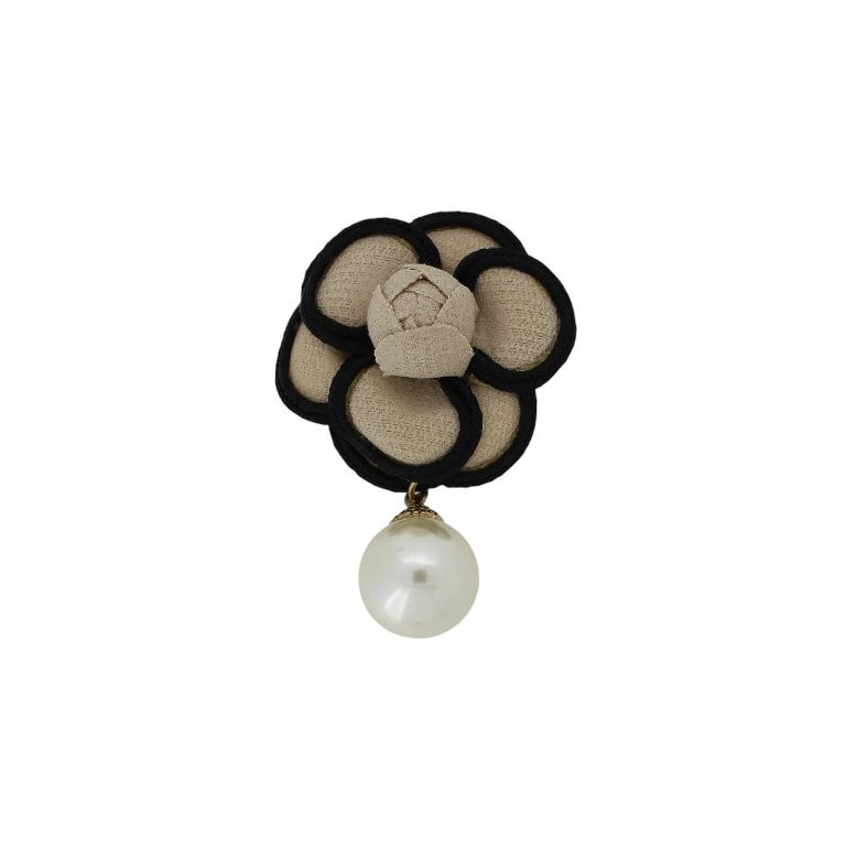 JEWELRY - BROOCH HANDMADE - METAL AND PEARLS - FLOWER В251 - 4.1x6.7cm NICKEL-BEIGE-BLACK - 1pc.