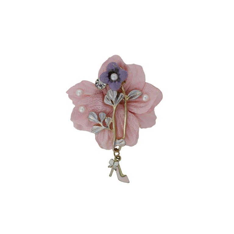 JEWELRY - BROOCH HANDMADE - METAL AND PEARLS - FLOWERS В283 - 5.0x6.8cm GOLD-PINK-PURPLE - PACKAGE 6pcs.