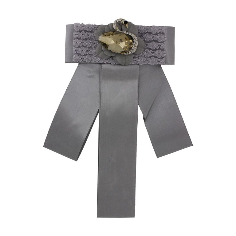 JEWELRY - BROOCH HANDMADE - METAL AND TEXTILE - RIBBON В297 - 12x21.5cm NICKEL-GRAY-GRAY (LIGHT) - 1pc.