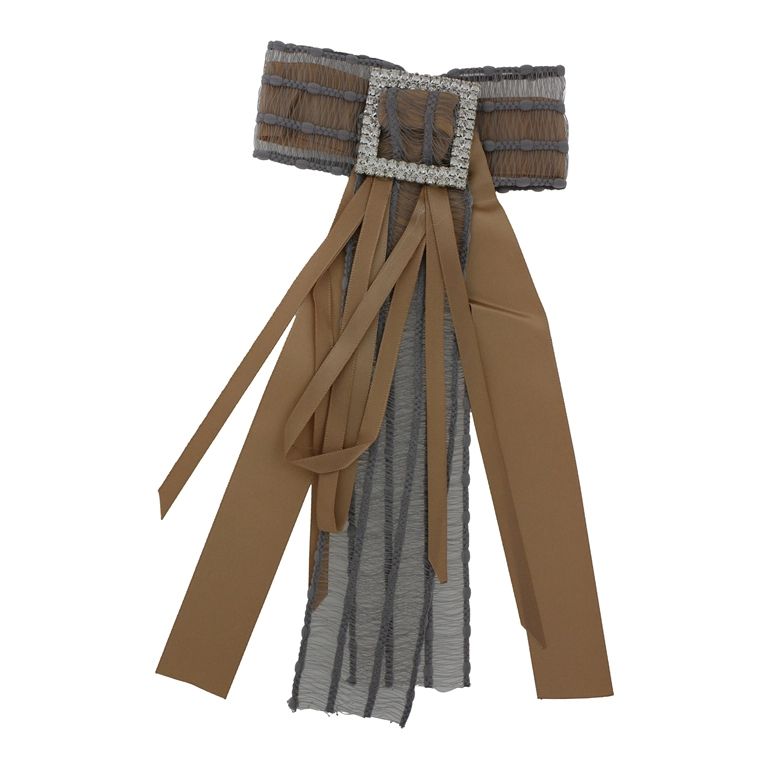 JEWELRY - BROOCH HANDMADE - METAL AND TEXTILE - RIBBON В298 - 10x22cm NICKEL-BROWN (LIGHT)-GRAY - 1pc.