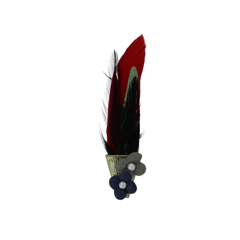 JEWELRY - BROOCH HANDMADE - METAL AND TEXTILE - FEATHER В264 - 1.9x8.9cm NICKEL-GOLD-RED - PACKAGE 6pcs.