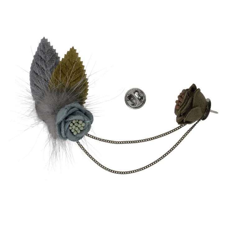 JEWELRY - BROOCH HANDMADE - METAL AND TEXTILE - FLOWERS В262 - 2.9x5.5cm NICKEL-GOLD-BLUE - PACKAGE 6pcs.