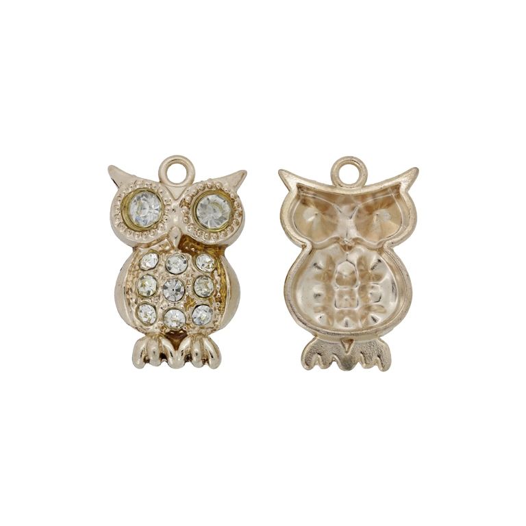METAL BEADS - RHINESTONE HOLLOW ROUND BEADS - PENDANT - OWL 05 - 22x33x6mm GOLD COLOR-WHITE - 1pcs. Hole-2.5mm
