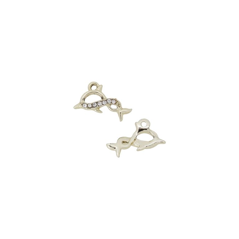 METAL BEADS - RHINESTONE HOLLOW ROUND BEADS - PENDANT - DOLPHIN 01 - 19x11x2mm GOLD COLOR (LIGHT)-WHITE - 2pcs. Hole-1.6mm
