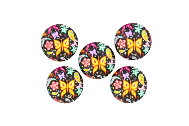 GLASS BEADS - CABOCHONS PATTERN - ROUND 20 MM - BUTTERFLIES - MIX 01 - 25 pcs.