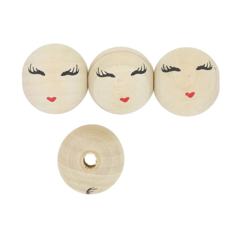 WOODEN BEADS - BALL WITH SMILEY FACE 05 - 24mm NATURAL - 5pcs. Hole-5.5mm