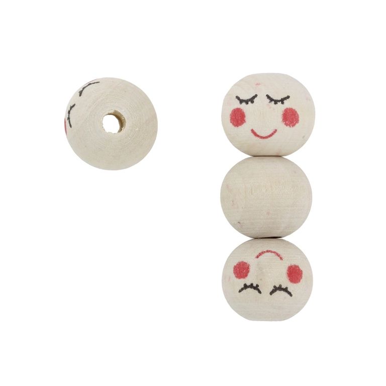 WOODEN BEADS - BALL WITH SMILEY FACE 06 - 20mm NATURAL - 10pcs. Hole-4.5mm