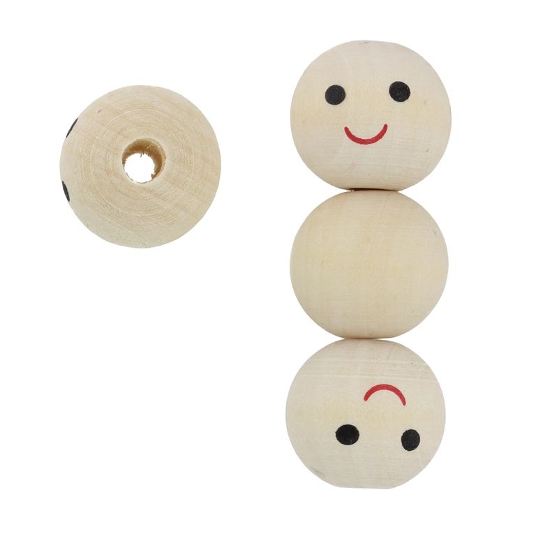 WOODEN BEADS - BALL WITH SMILEY FACE 08 - 24mm NATURAL - PACKAGE 50pcs. Hole-5.5mm