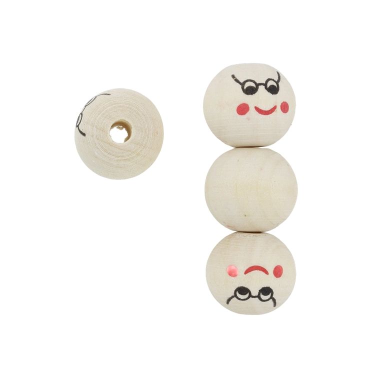 WOODEN BEADS - BALL WITH SMILEY FACE 09 - 20mm NATURAL - PACKAGE 100pcs. Hole-4.5mm