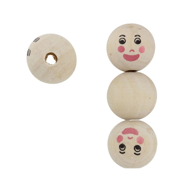 WOODEN BEADS - BALL WITH SMILEY FACE 11 - 22mm NATURAL - 5pcs. Hole-5.0mm