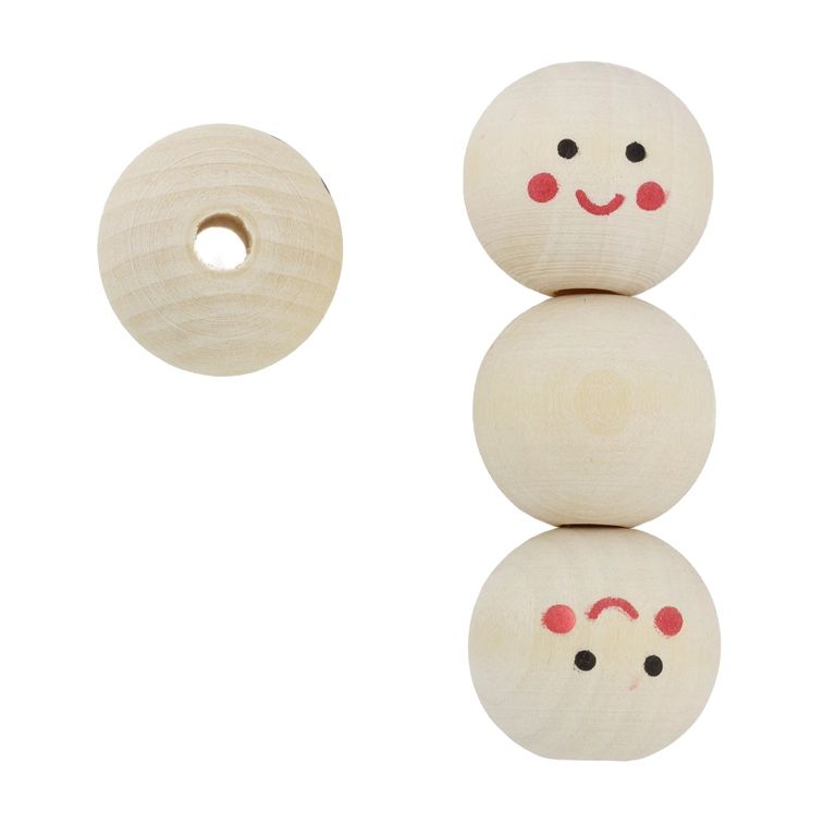 WOODEN BEADS - BALL WITH SMILEY FACE 12 - 24mm NATURAL - 5pcs. Hole-5.5mm