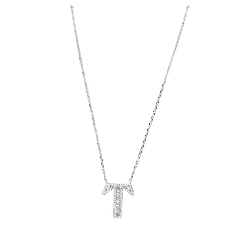 JEWELRY - NECKLACE - BRASS AND ZIRCON - LETTER Т К178 - 1.5x1.9cm NICKEL AND WHITE - 1pc.