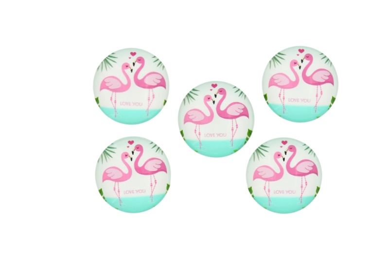 GLASS BEADS - CABOCHONS PATTERN - ROUND 20 MM - BIRDS - FLAMINGOS ARE IN LOVE - 25 pcs.