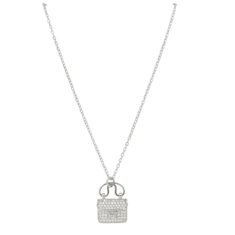 JEWELRY - NECKLACE - BRASS AND ZIRCON - HANDBAG К170 - 1.5x1.9cm NICKEL AND WHITE - 1pc.
