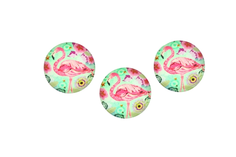 GLASS BEADS - CABOCHONS PATTERN - ROUND 22 MM - BIRD - FLAMINGO AND FLOWERS - 25 pcs.