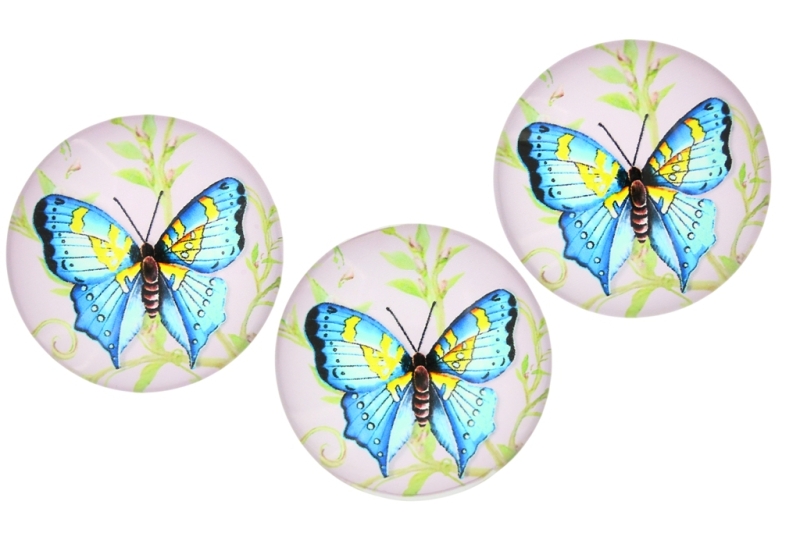 GLASS BEADS - CABOCHONS PATTERN - ROUND 35 MM - BUTTERFLY - BLUE - 10 pcs.