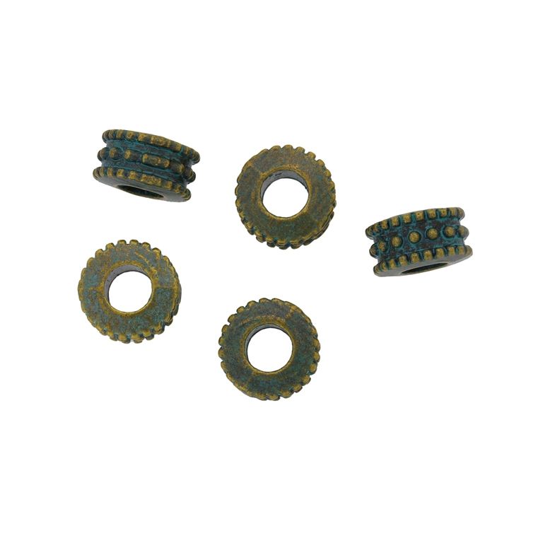 METAL BEADS WITH PATINA - CIRCLE 39 - 6x10mm ANTIQUE BRONZE AND TURQUOISE (DARK) - 5pcs. Hole-5.0mm