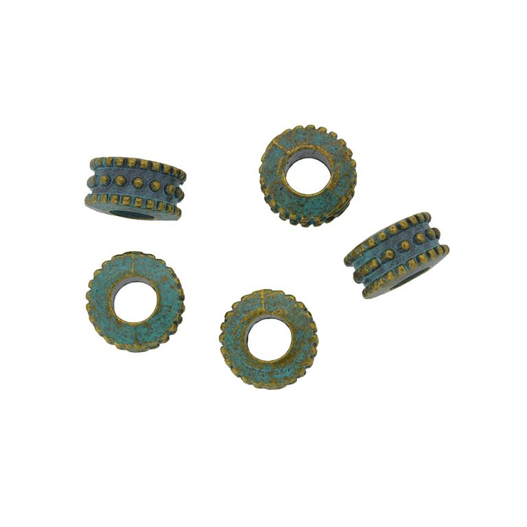METAL BEADS WITH PATINA - CIRCLE 39 - 6x10mm ANTIQUE BRONZE AND TURQUOISE - PACKAGE 50pcs. Hole-5.0mm