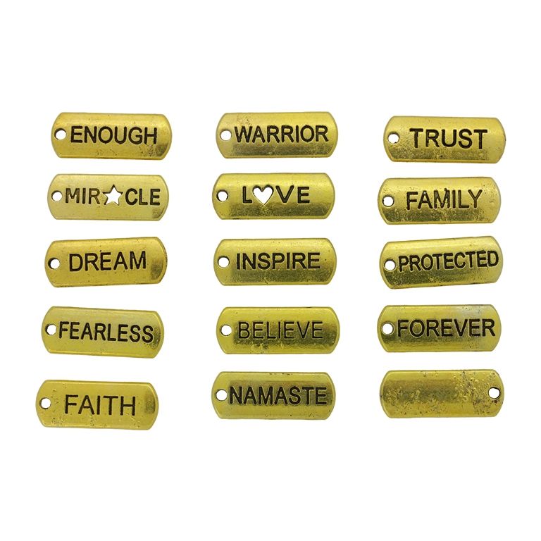 METAL BEADS - PENDANT - PLATE WITH INSCRIPTIONS MIX 01 - 8x21x2mm GOLD - SECOND-RATE - PACKAGE 60pcs. Hole-1.6mm