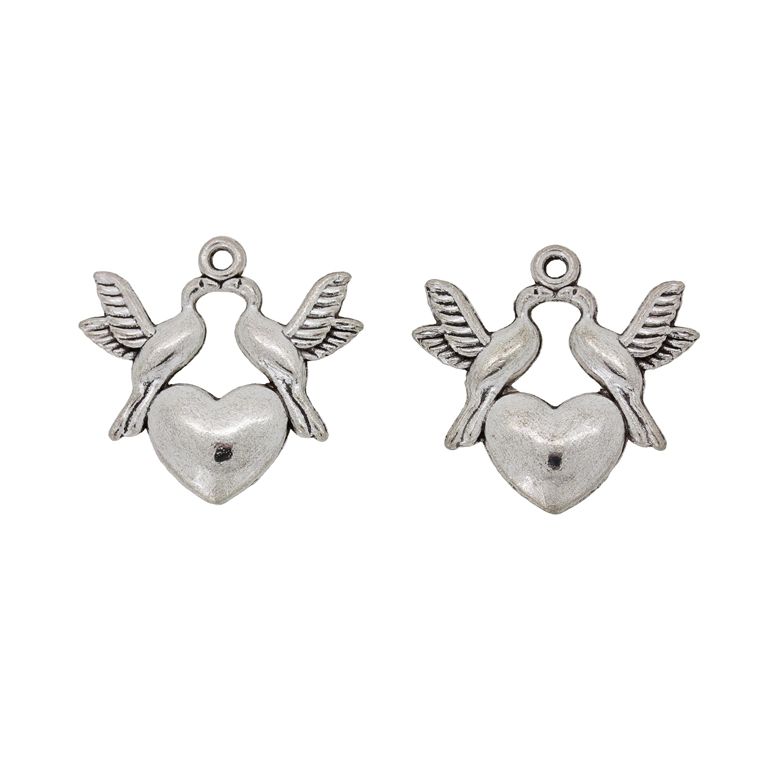 METAL BEADS - PENDANT - HEART 35 DOVES - 21x21x4mm NICKEL - PACKAGE 30pcs. Hole-1.6mm