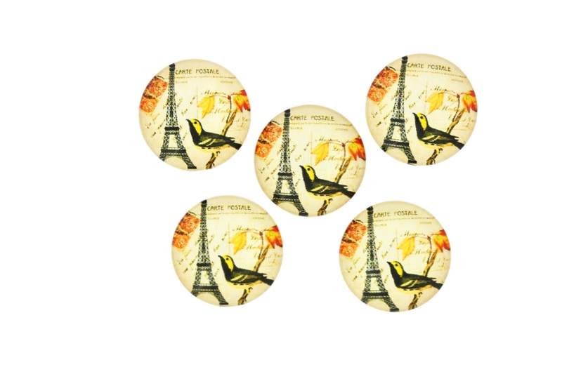 GLASS BEADS - CABOCHONS PATTERN - ROUND 20 MM - LANDMARKS - EIFFEL TOWER AND BIRD 02 - 25 pcs.