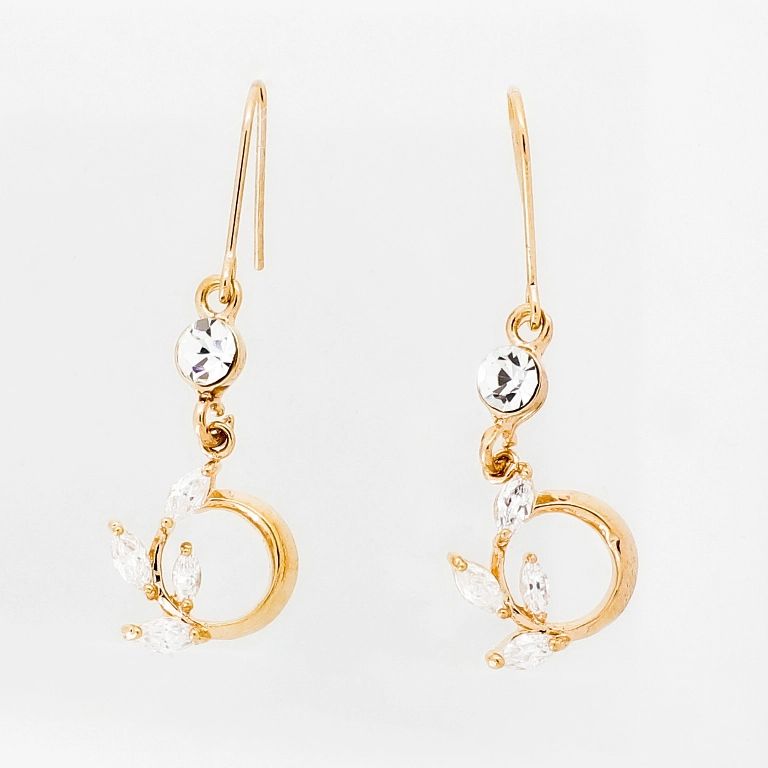 JEWELRY - EARRINGS - HOOK - ZIRCON - CIRCLE LEAVES Е1024 - 1.3x3.8cm ROSE GOLD AND WHITE - 1 pair 