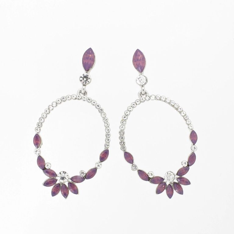 JEWELRY - EARRINGS - SCREW - CRYSTALS - FLOWER Е1152 - 3.1x6.1cm NICKEL-WHITE-PURPLE - PACKAGE 6 pairs 