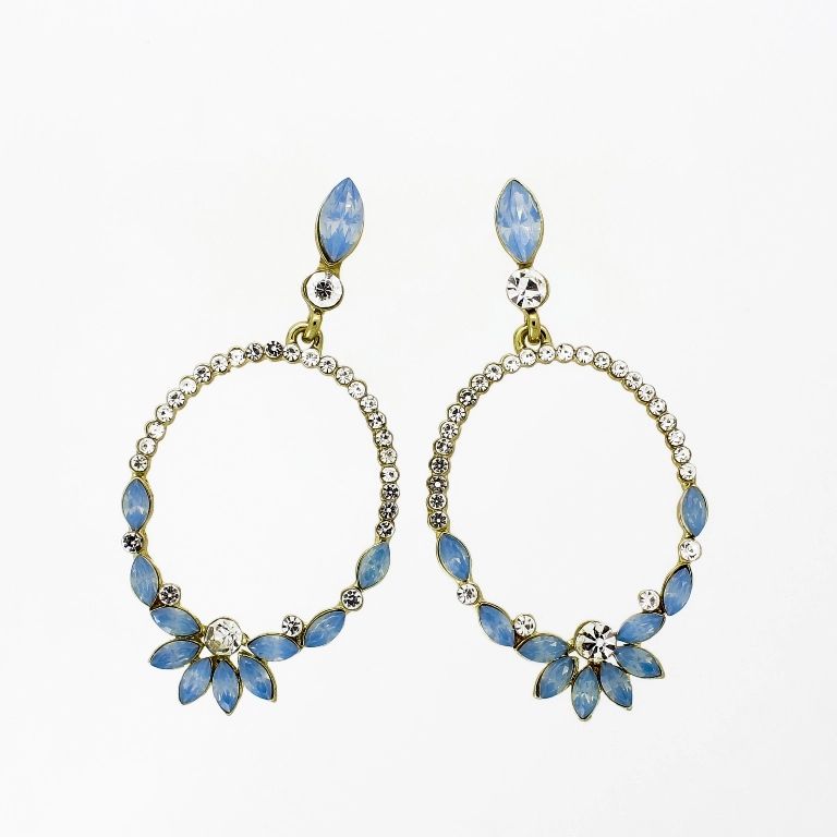 JEWELRY - EARRINGS - SCREW - CRYSTALS - FLOWER Е1152 - 3.1x6.1cm GOLD-WHITE-BLUE (LIGHT) - PACKAGE 6 pairs 