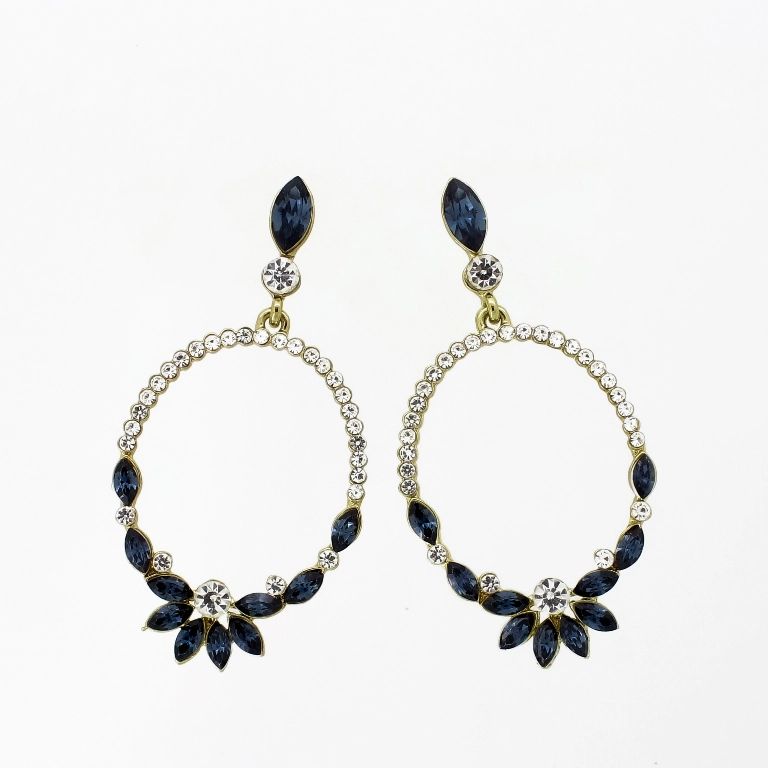 JEWELRY - EARRINGS - SCREW - CRYSTALS - FLOWER Е1152 - 3.1x6.1cm GOLD-WHITE-BLUE (DARK) - PACKAGE 6 pairs 