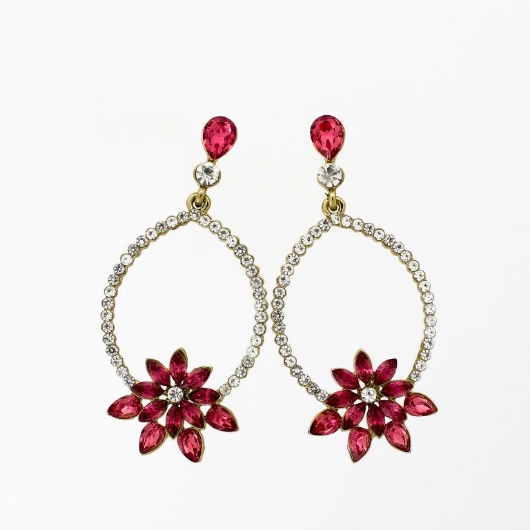 JEWELRY - EARRINGS - SCREW - CRYSTALS - FLOWER Е1151 - 2.9x6.1cm GOLD-WHITE-PINK (DARK) - PACKAGE 6 pairs 