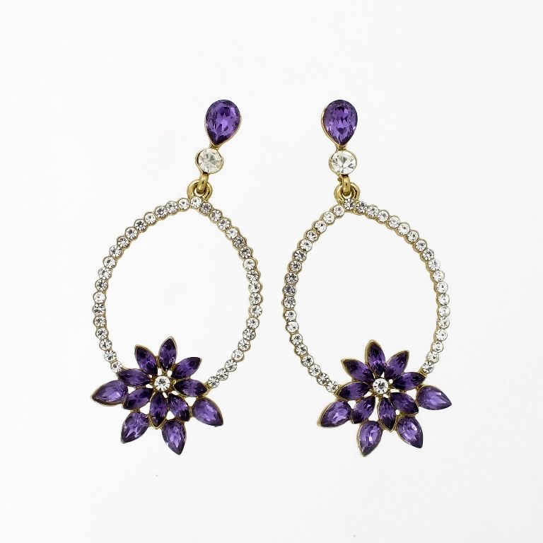 JEWELRY - EARRINGS - SCREW - CRYSTALS - FLOWER Е1151 - 2.9x6.1cm GOLD-WHITE-PURPLE - PACKAGE 6 pairs 