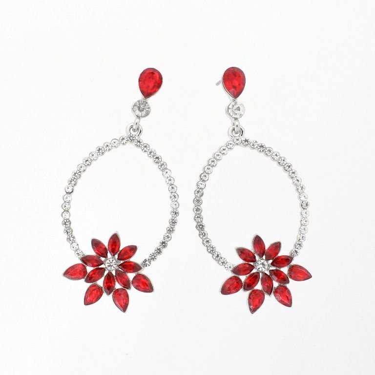 JEWELRY - EARRINGS - SCREW - CRYSTALS - FLOWER Е1151 - 2.9x6.1cm NICKEL-WHITE-RED - PACKAGE 6 pairs 