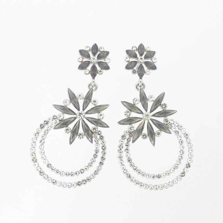 JEWELRY - EARRINGS - SCREW - CRYSTALS - FLOWERS Е1142 - 3.1x6.1cm NICKEL-WHITE-GRAY - PACKAGE 6 pairs 