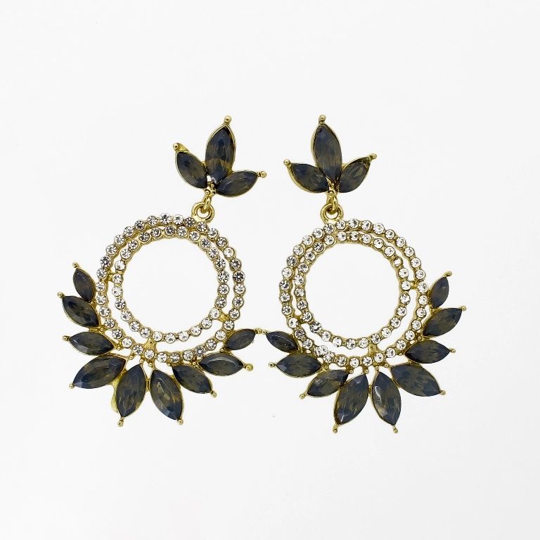 JEWELRY - EARRINGS - SCREW - CRYSTALS - CIRCLES Е1150 - 3.3x3.9cm GOLD-WHITE-GRAY - PACKAGE 6 pairs 