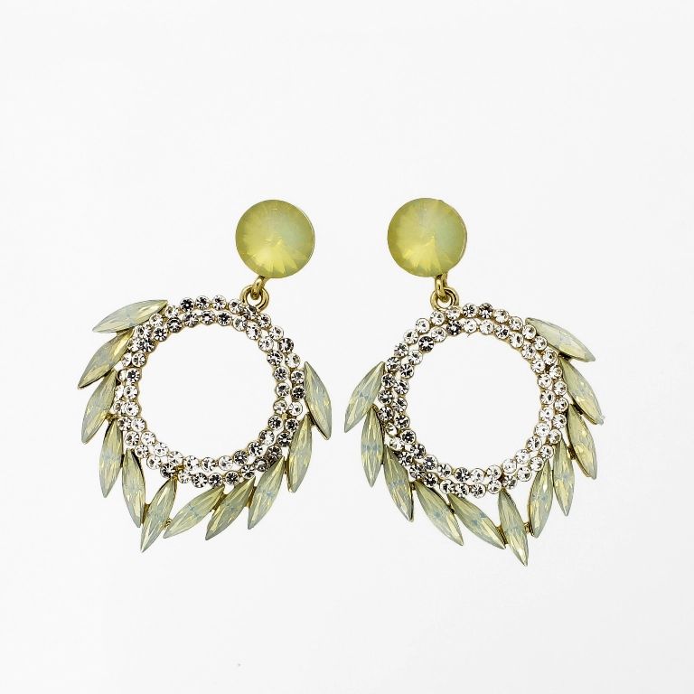 JEWELRY - EARRINGS - SCREW - CRYSTALS - CIRCLE Е1148 - 3.5x5.0cm GOLD-WHITE-GREEN (LIGHT) - PACKAGE 6 pairs 