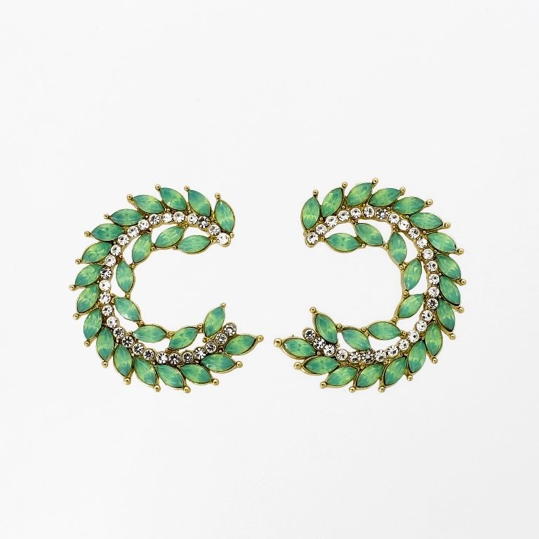 JEWELRY - EARRINGS - SCREW - CRYSTALS - HALF HOOP Е1147 - 3.0x3.7cm GOLD-WHITE-GREEN - PACKAGE 6 pairs 